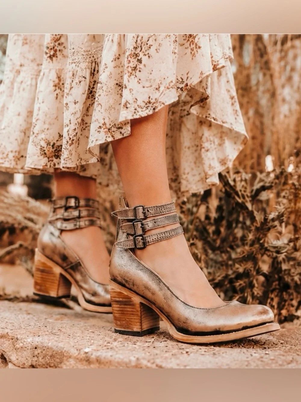 Freebird Randi Pewter Leather Triple Buckle Heels